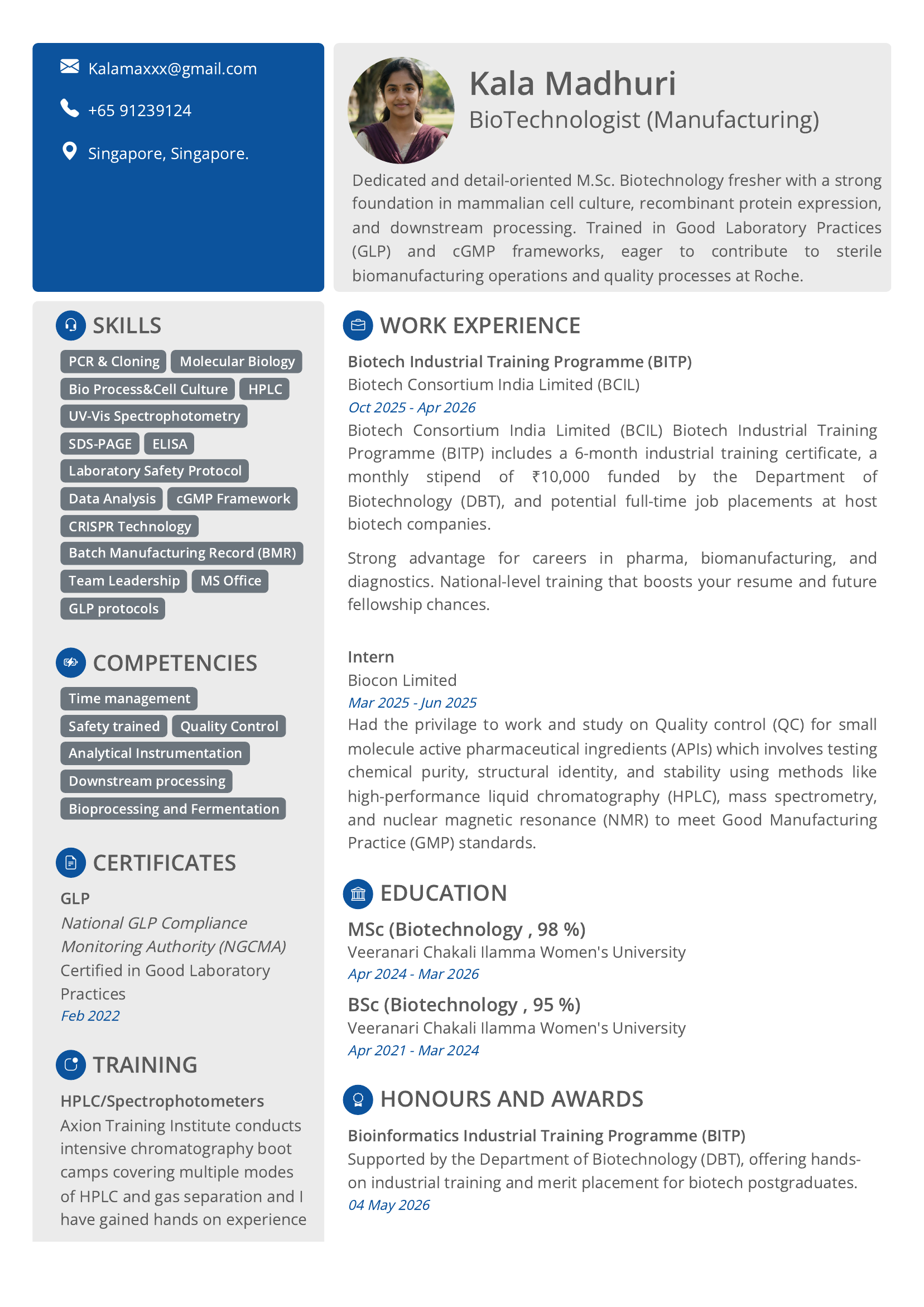 Bio Technology Resume Sample