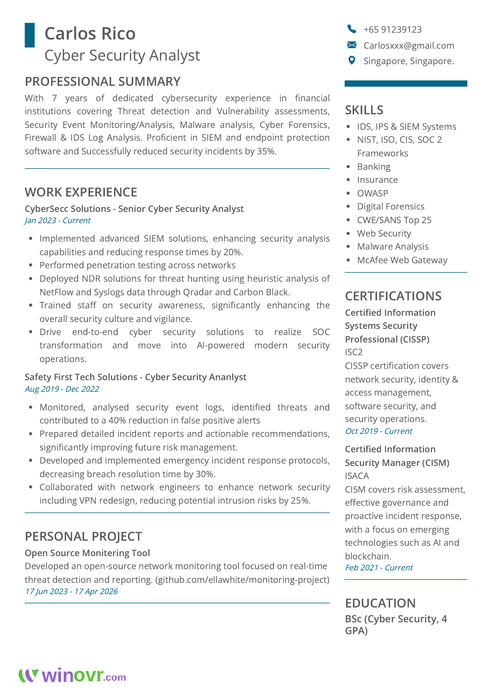 Cyber Security Analyst Resume Sample